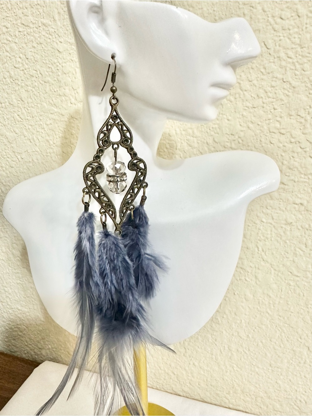 9” Vintage Bohemian Denim Blue/Grey Feather Chandelier Earrings